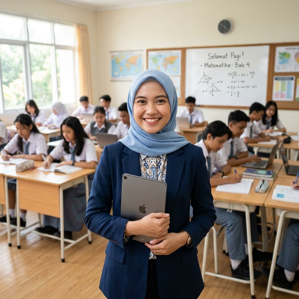 Teacher holding tablet